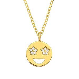 14K Gold Vermeil Star Eyes Smiley Emoji CZ Pendant Necklace